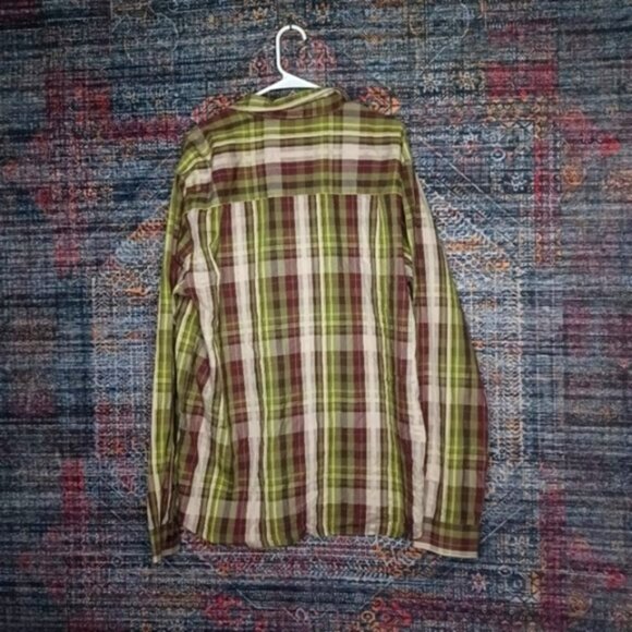 prAna mens brown olive lime beige plaid button front shirt XL EUC - Picture 2 of 4
